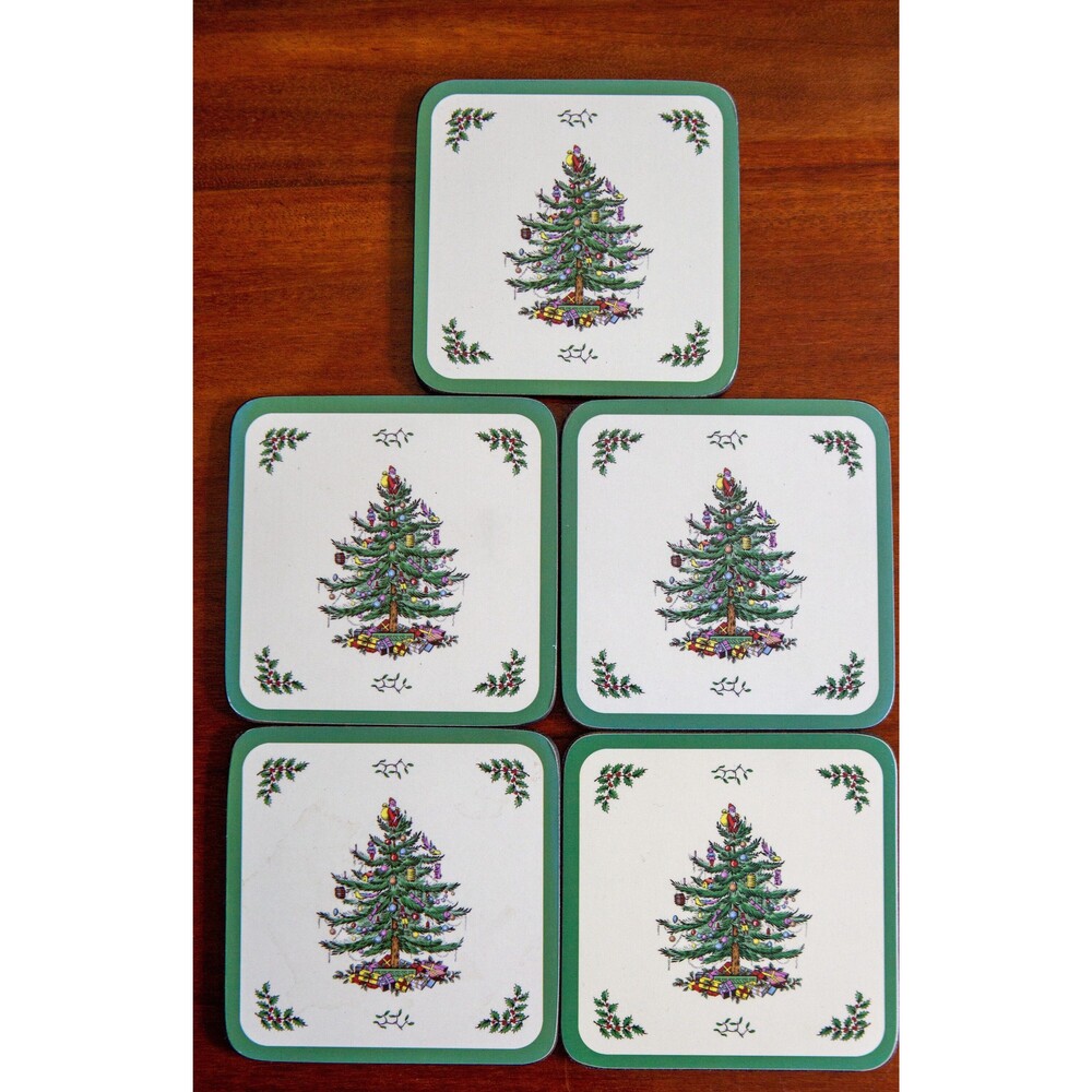 Vintage Set of Spode Christmas Tree Coasters Pimpernels Red and Green Holiday